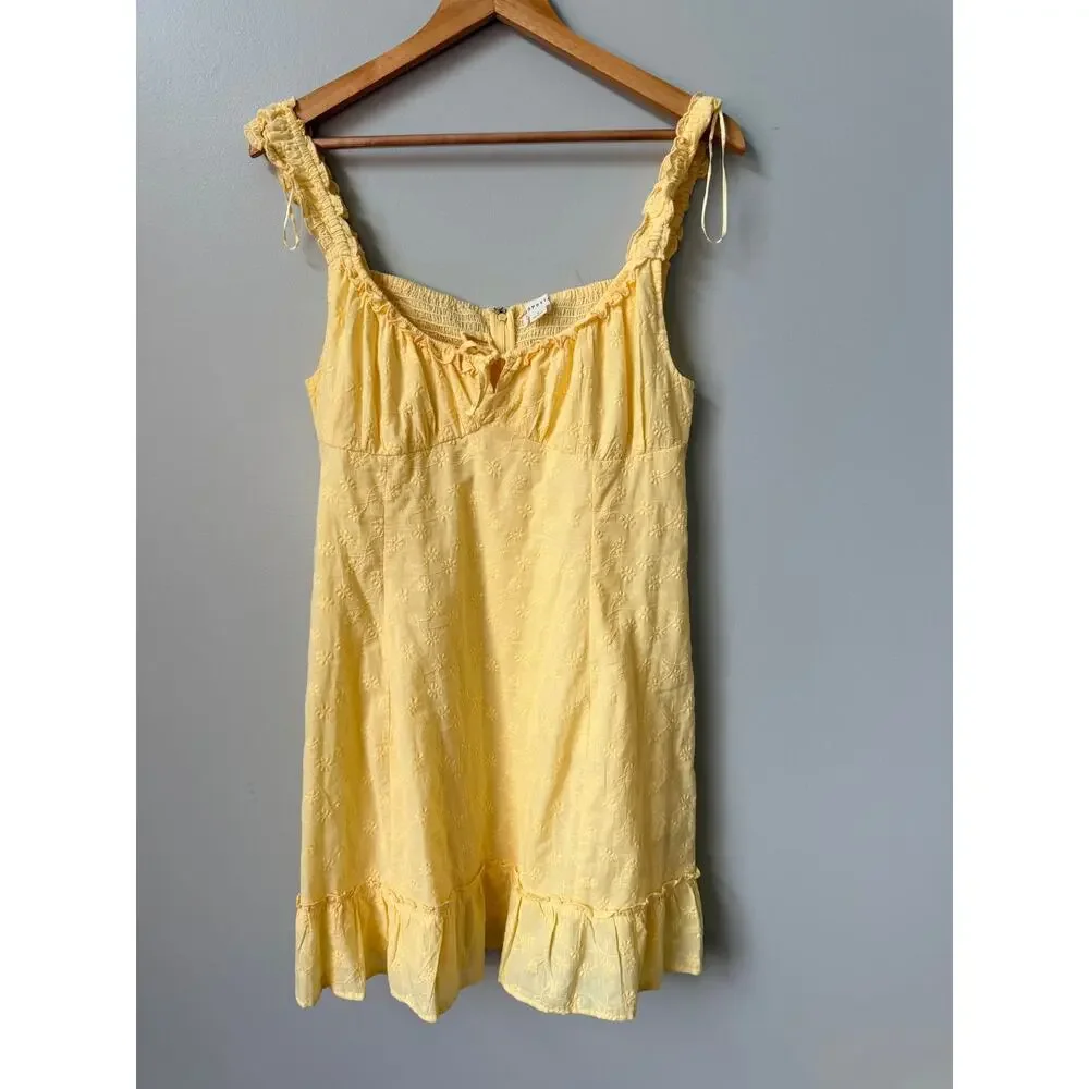 Aeropostale Yellow Cotton Eyelet Milkmaid Dress Size L Smocked Back Ruffle Hem